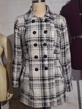 Women's Black & White Plaid Double-Breasted Coat
